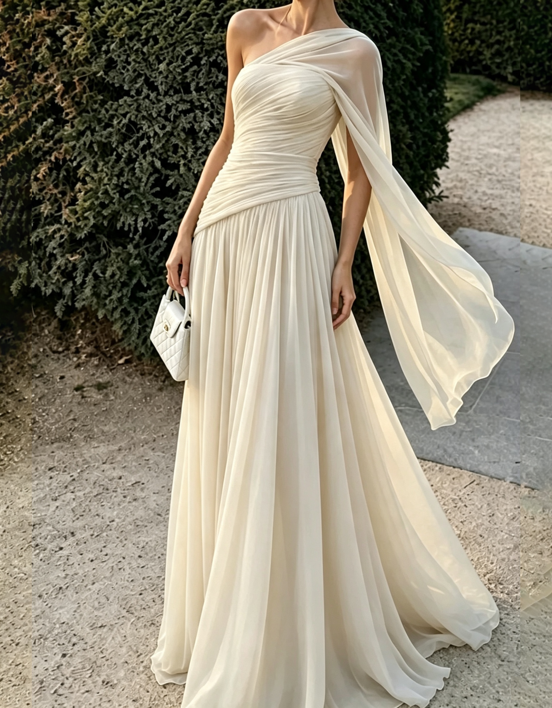 One‑Shoulder Draped Chiffon Flowy Cape Strap A‑Line Maxi Dress