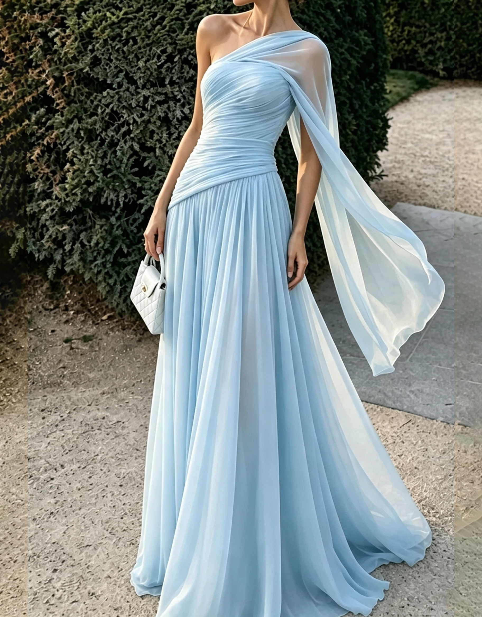 One‑Shoulder Draped Chiffon Flowy Cape Strap A‑Line Maxi Dress