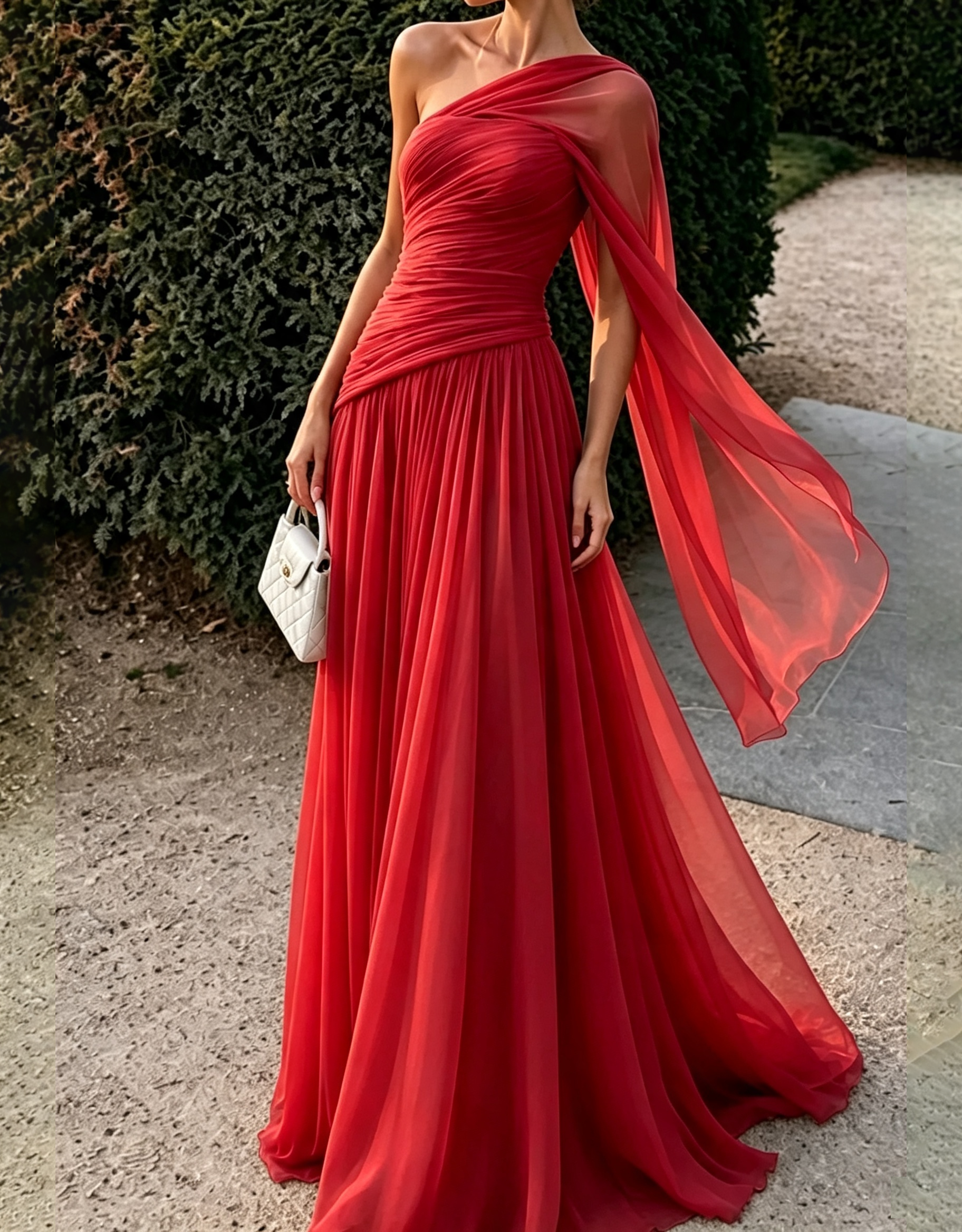 One‑Shoulder Draped Chiffon Flowy Cape Strap A‑Line Maxi Dress