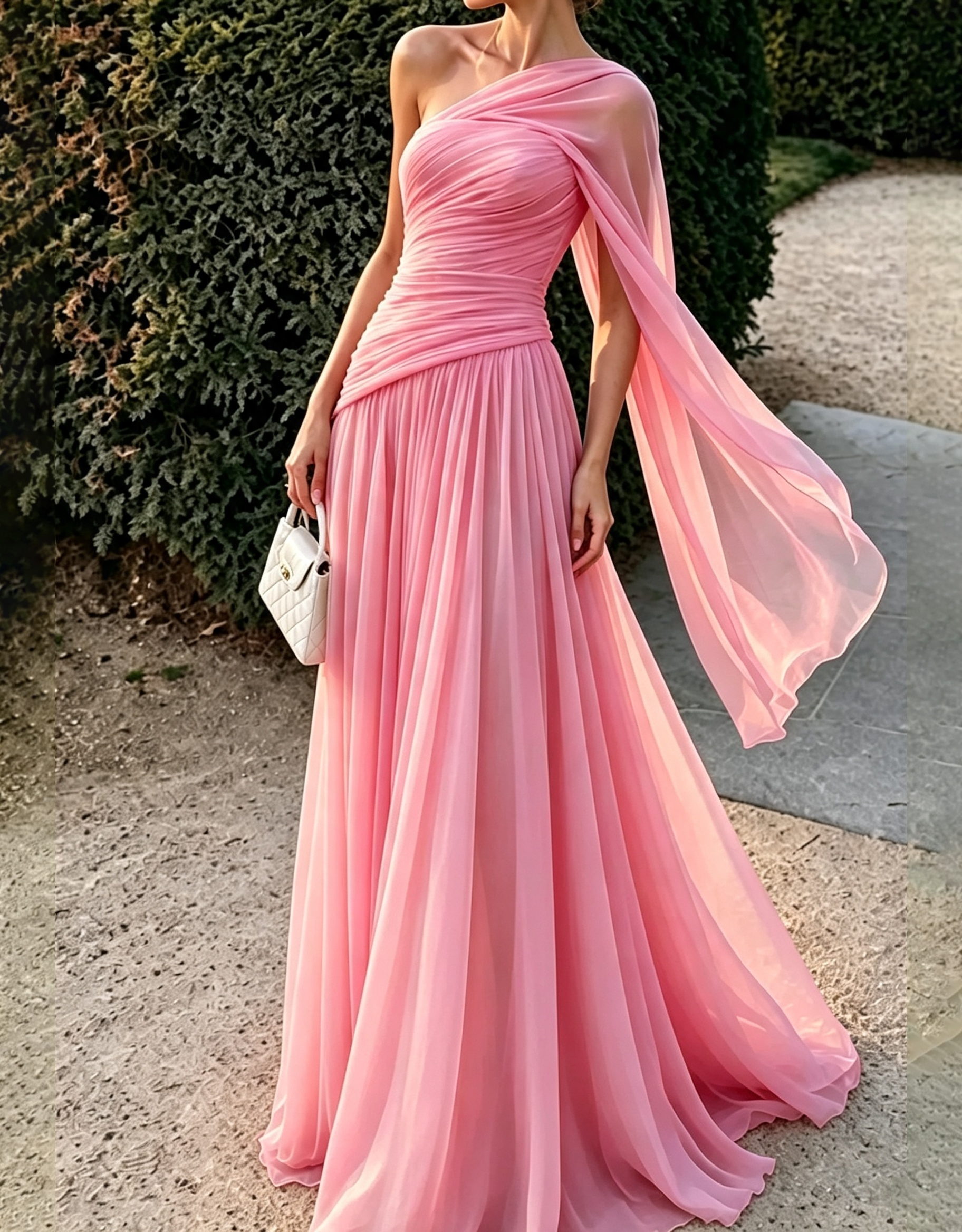 One‑Shoulder Draped Chiffon Flowy Cape Strap A‑Line Maxi Dress