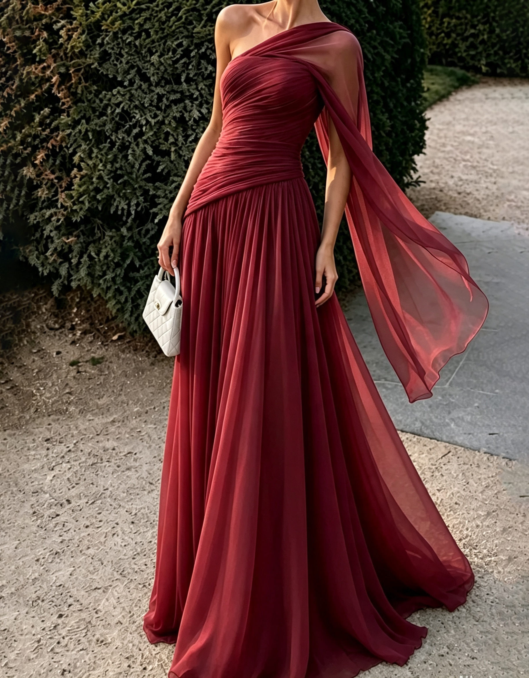 One‑Shoulder Draped Chiffon Flowy Cape Strap A‑Line Maxi Dress