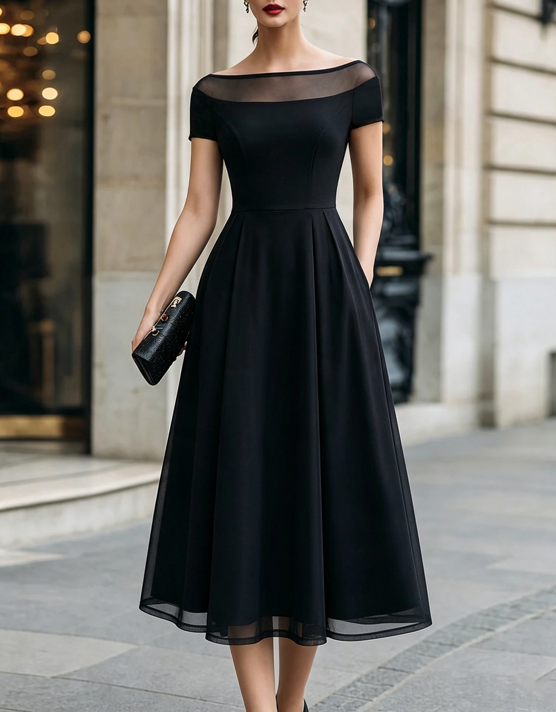 Illusion Boat‑Neck Crepe Tulle A‑Line Formal Midi Dress