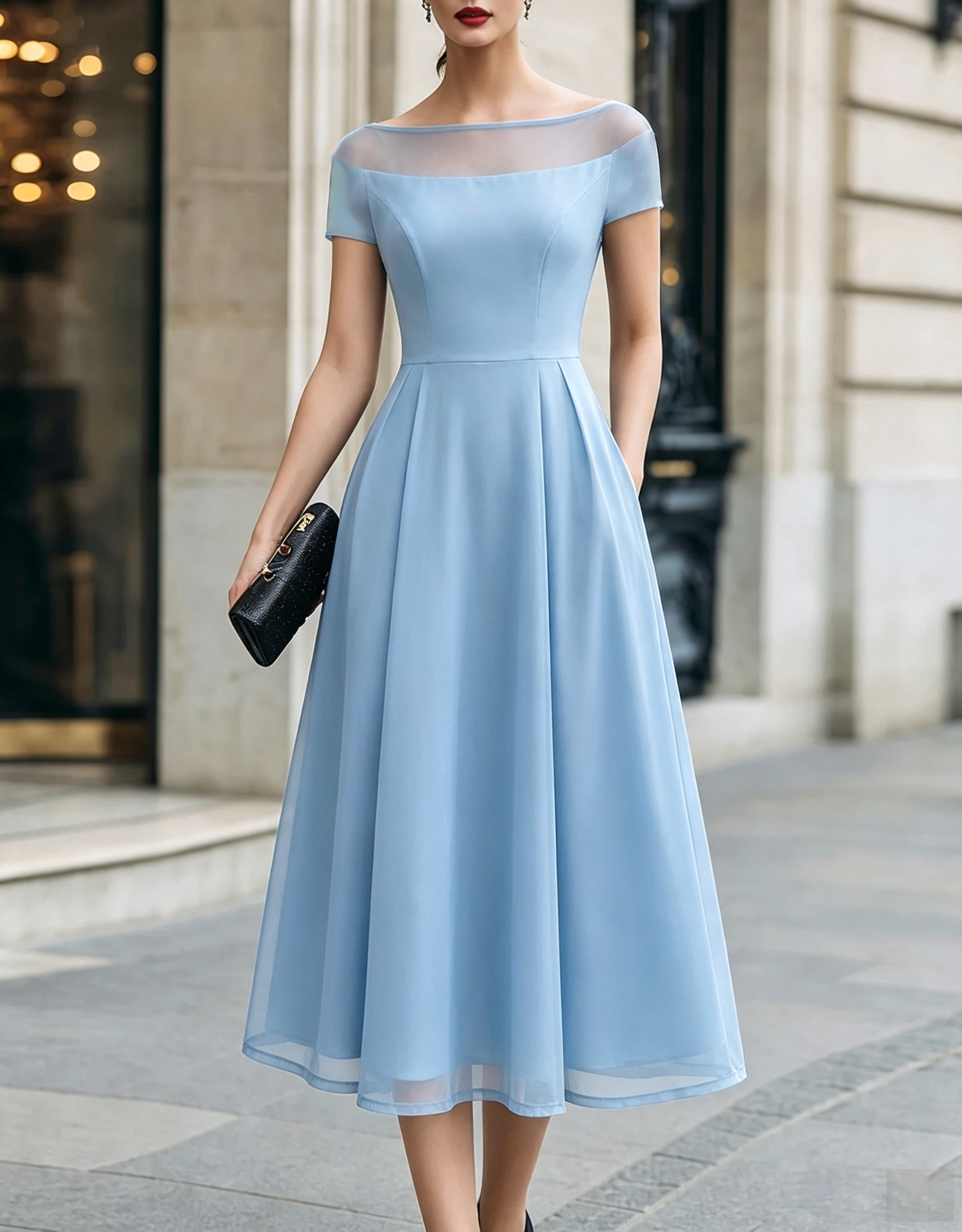 Illusion Boat‑Neck Crepe Tulle A‑Line Formal Midi Dress