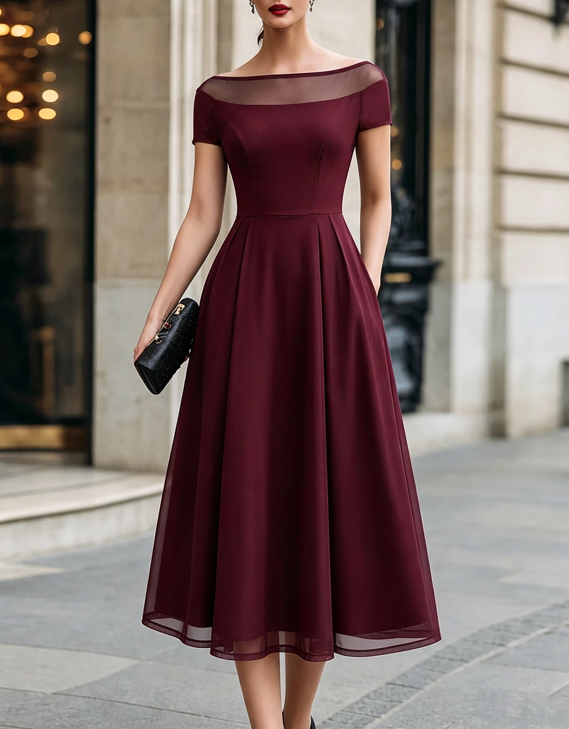 Illusion Boat‑Neck Crepe Tulle A‑Line Formal Midi Dress