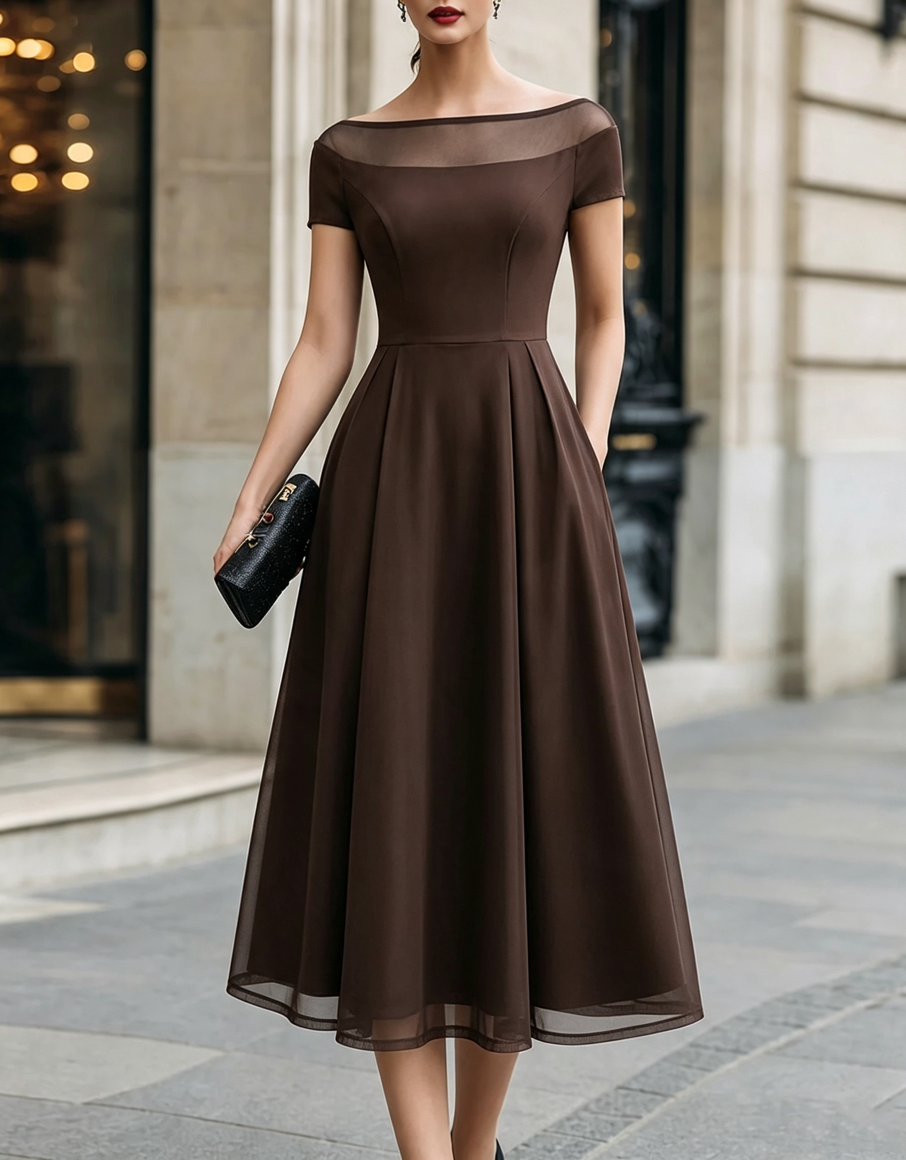 Illusion Boat‑Neck Crepe Tulle A‑Line Formal Midi Dress