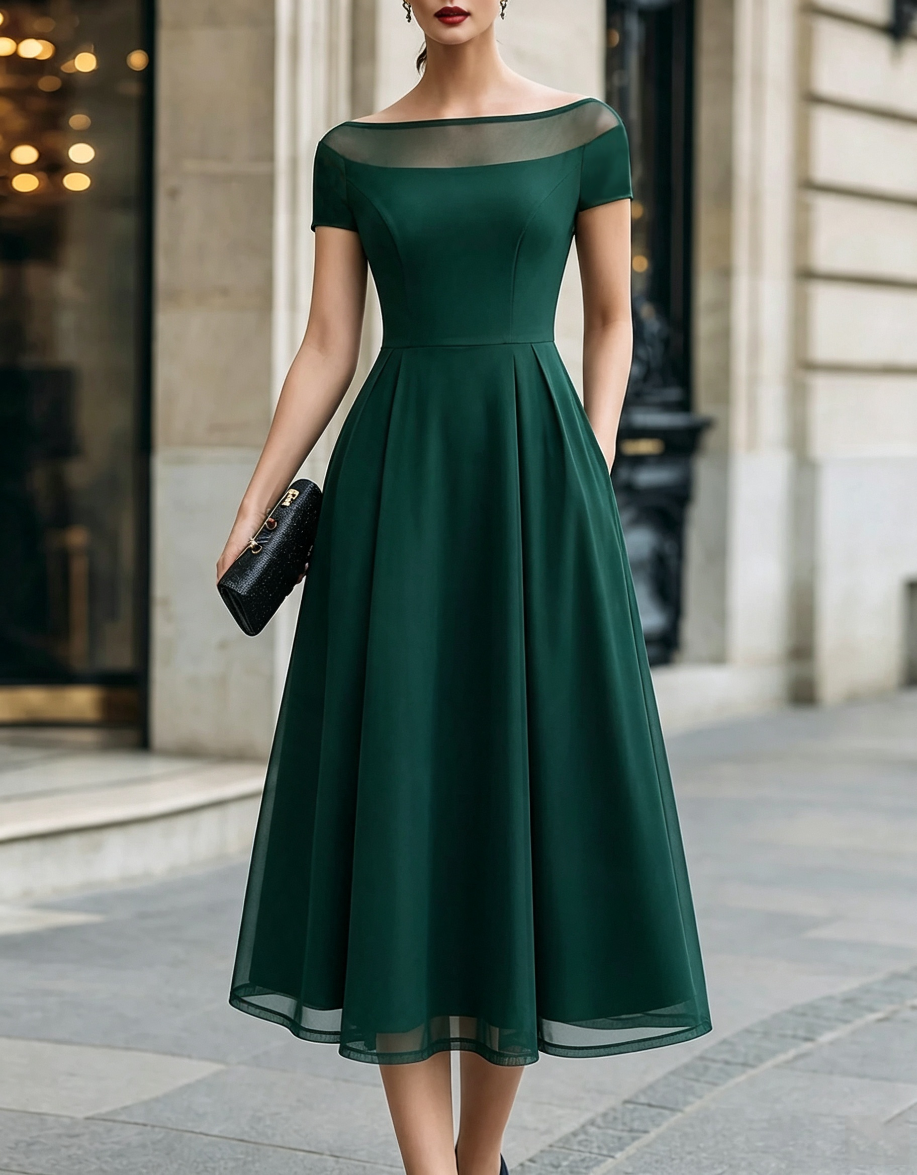 Illusion Boat‑Neck Crepe Tulle A‑Line Formal Midi Dress