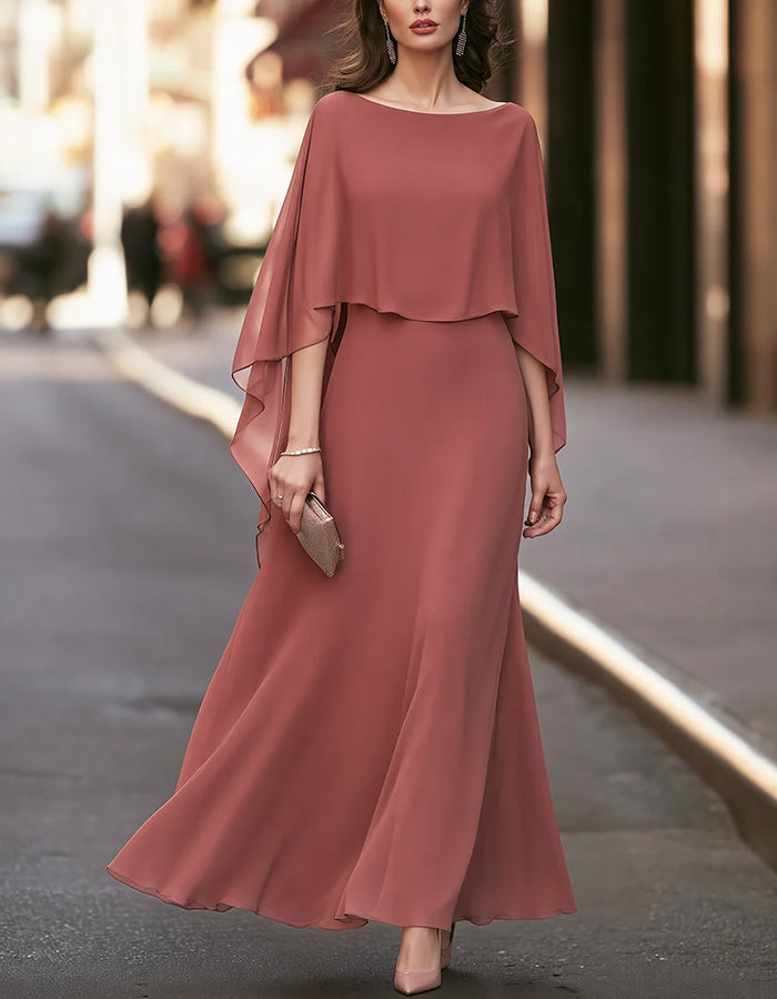 Boat Neck Cape Sleeve Chiffon Flowy Long Maxi Dress