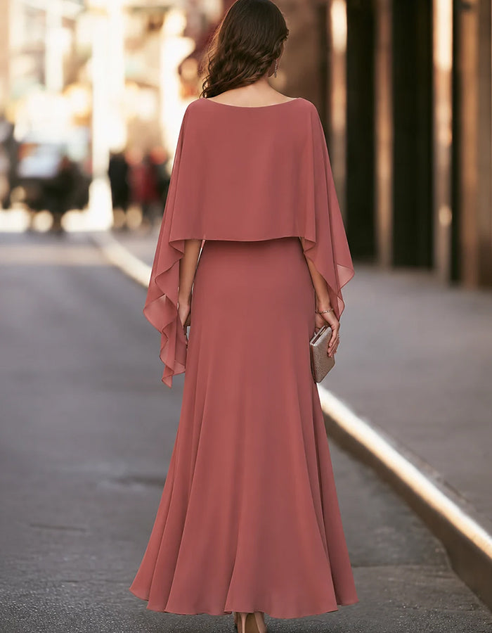 Boat Neck Cape Sleeve Chiffon Flowy Long Maxi Dress