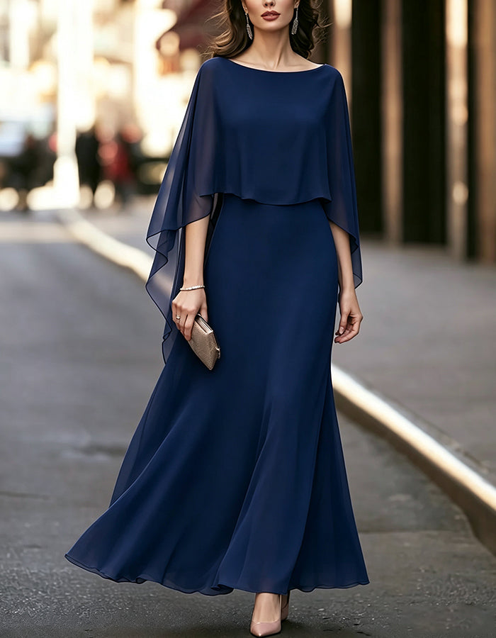 Boat Neck Cape Sleeve Chiffon Flowy Long Maxi Dress
