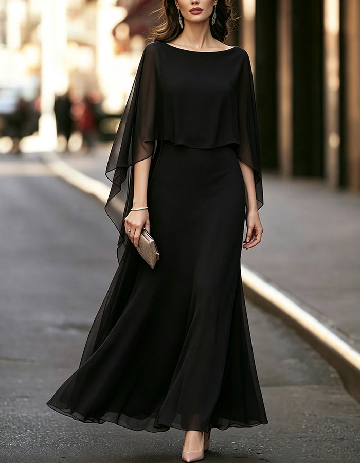 Boat Neck Cape Sleeve Chiffon Flowy Long Maxi Dress