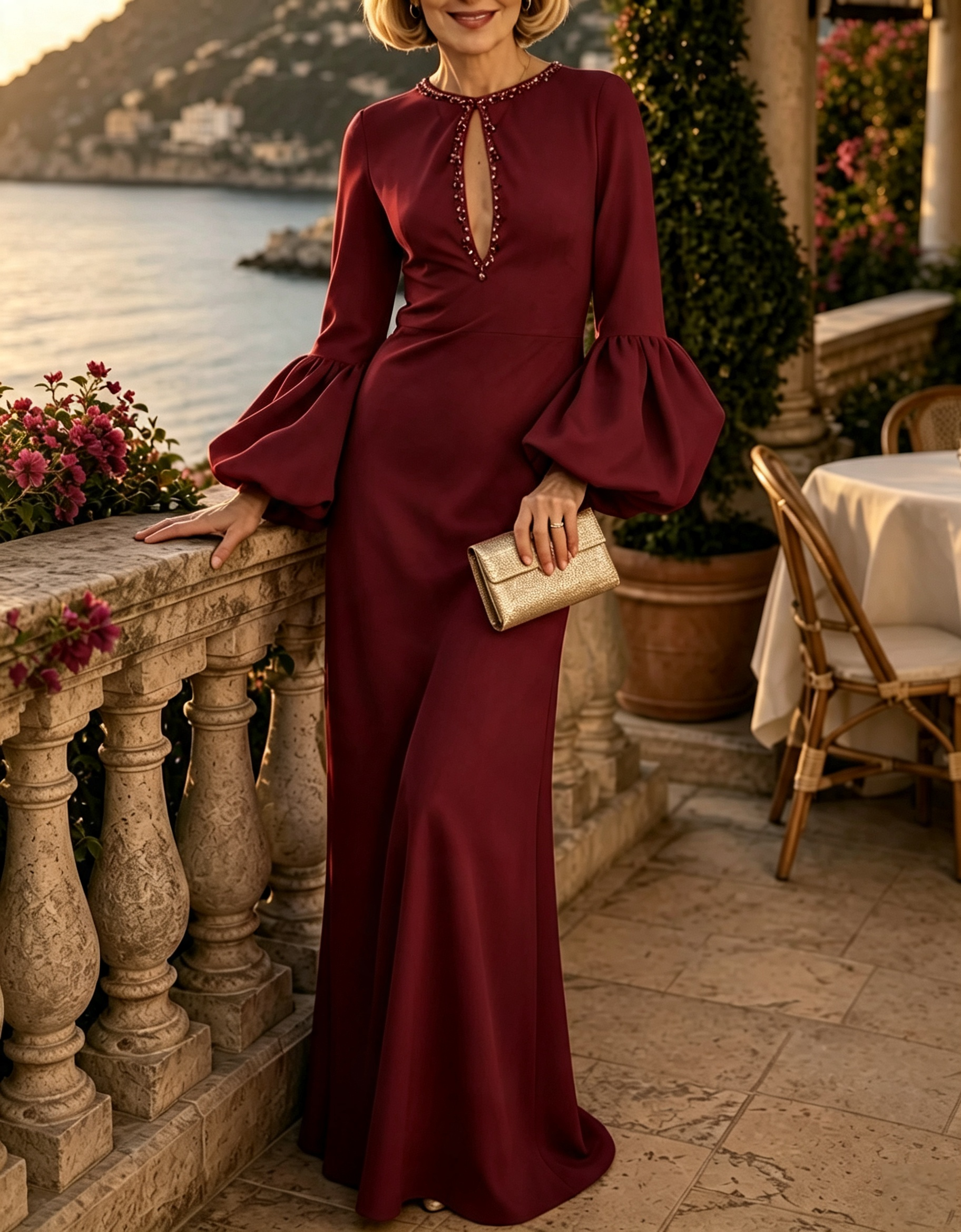 Round‑Neck Crepe Beaded Keyhole Cutout & Bishop Puff Sleeves Evening Maxi Dress