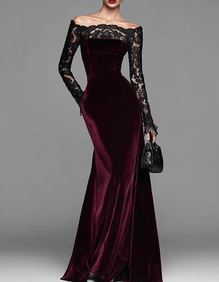 Off-the-shoulder Floral Lace Long-sleeved Fishtail Velvet Maxi Dress