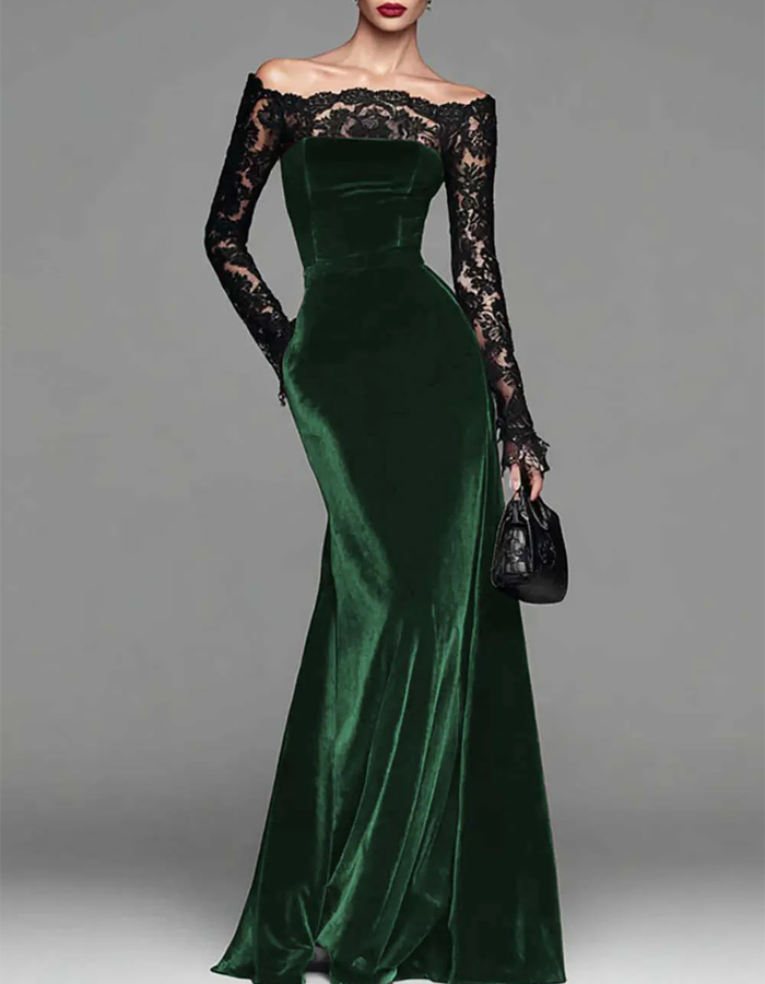 Off-the-shoulder Floral Lace Long-sleeved Fishtail Velvet Maxi Dress