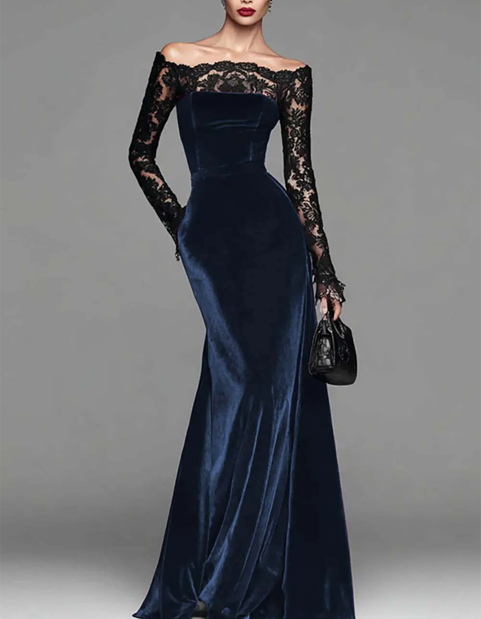 Off-the-shoulder Floral Lace Long-sleeved Fishtail Velvet Maxi Dress