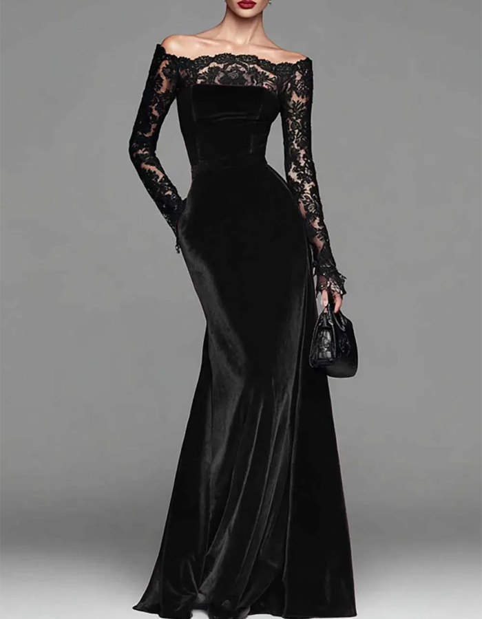 Off-the-shoulder Floral Lace Long-sleeved Fishtail Velvet Maxi Dress