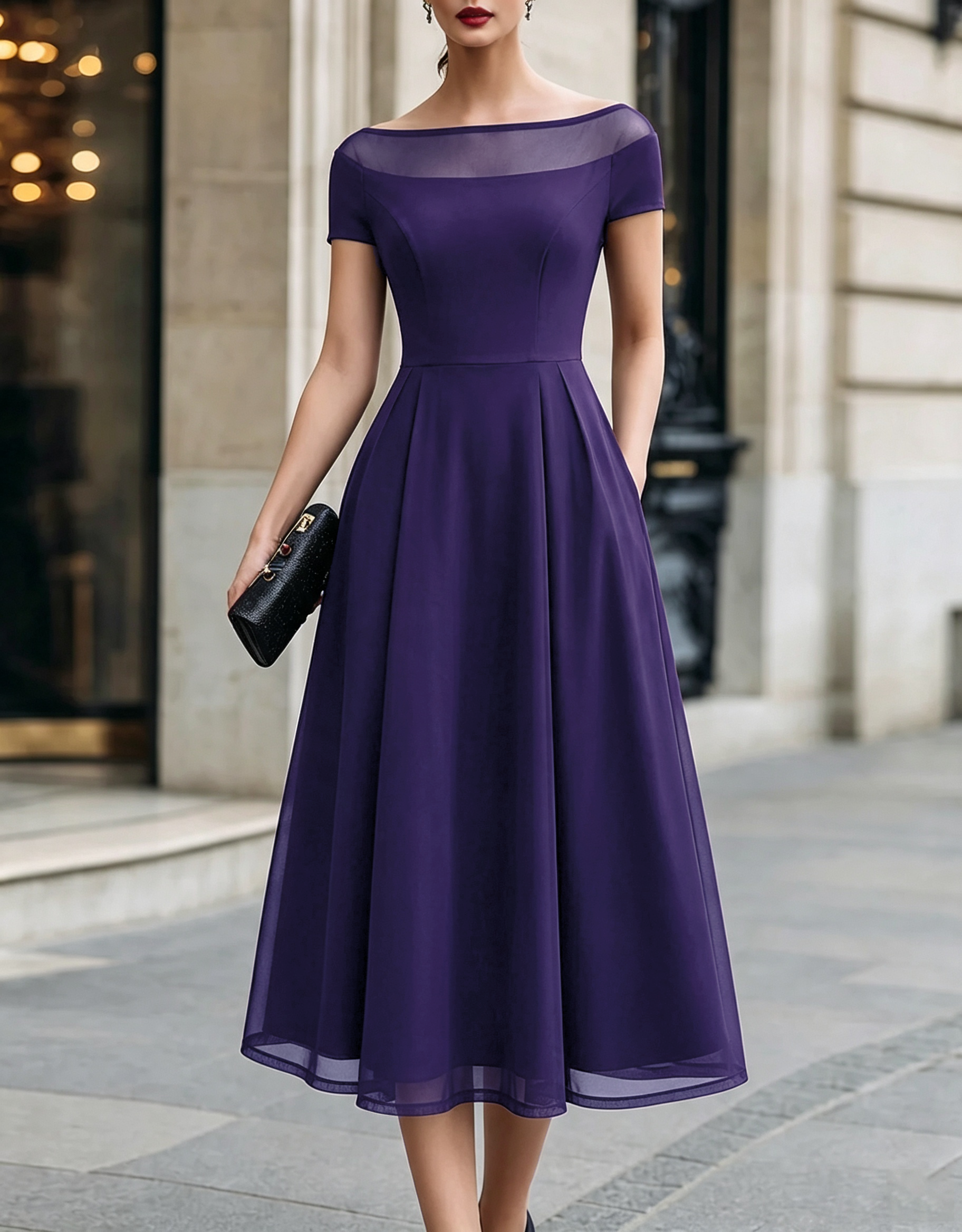 Illusion Boat‑Neck Crepe Tulle A‑Line Formal Midi Dress