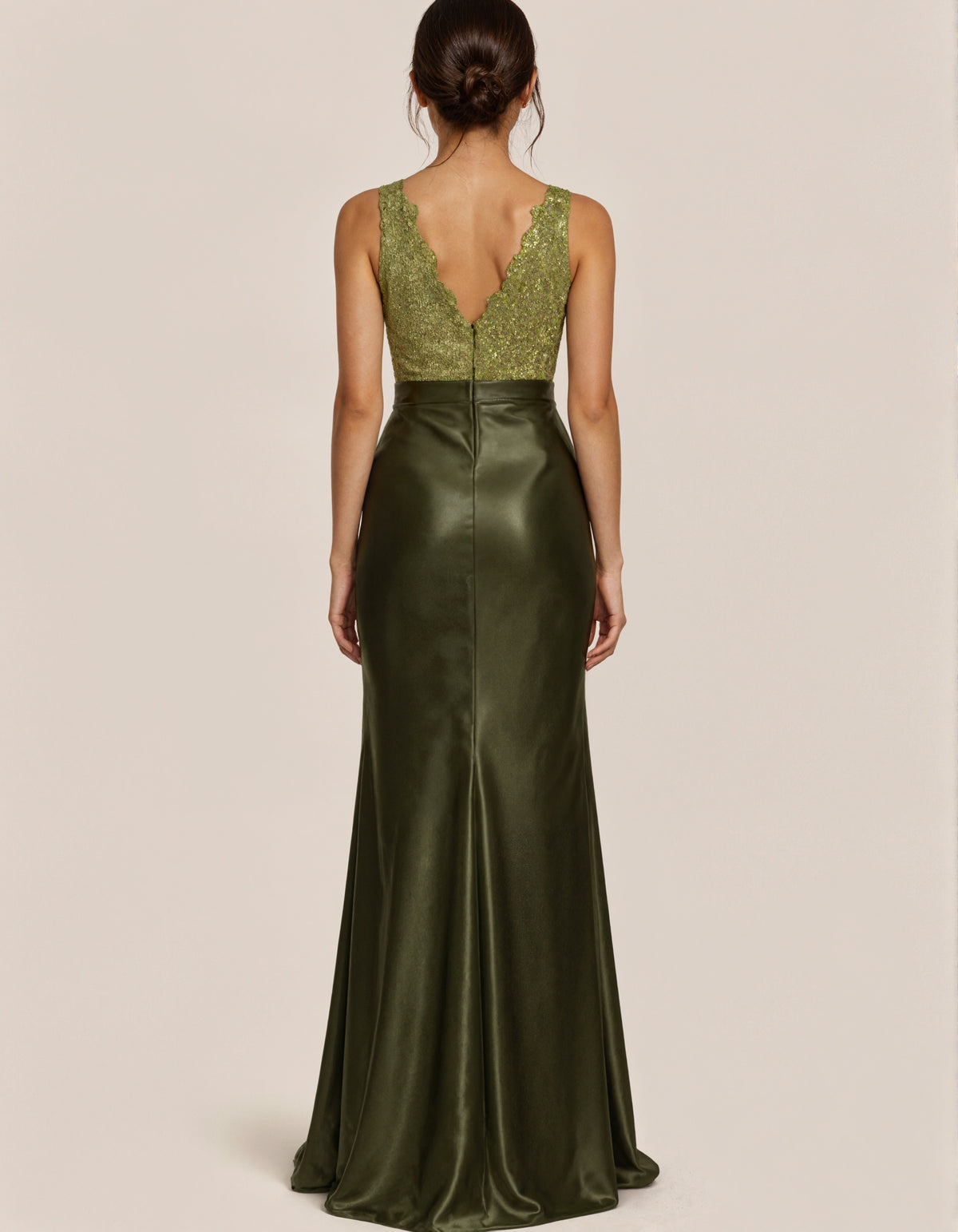 Olive Green Satin Lace V-Neck Sleeveless Maxi Dress