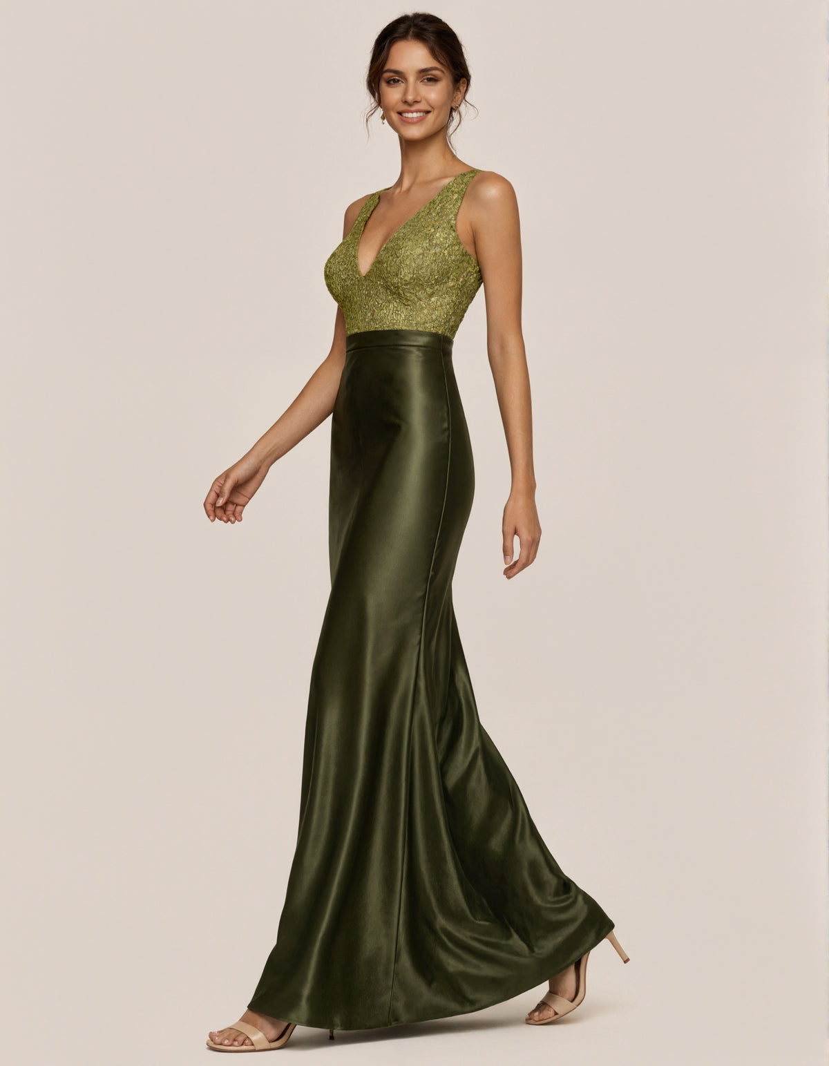 Olive Green Satin Lace V-Neck Sleeveless Maxi Dress