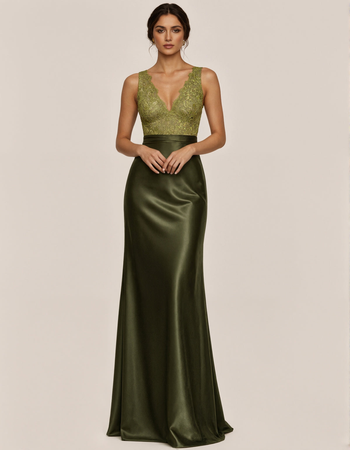 Olive Green Satin Lace V-Neck Sleeveless Maxi Dress