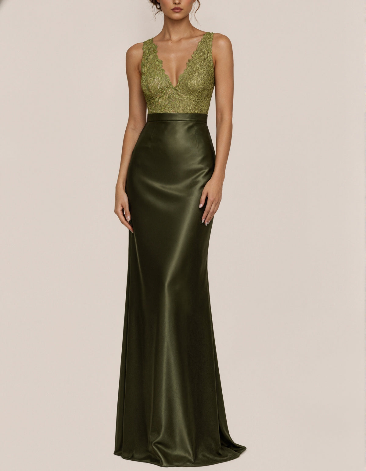 Olive Green Satin Lace V-Neck Sleeveless Maxi Dress