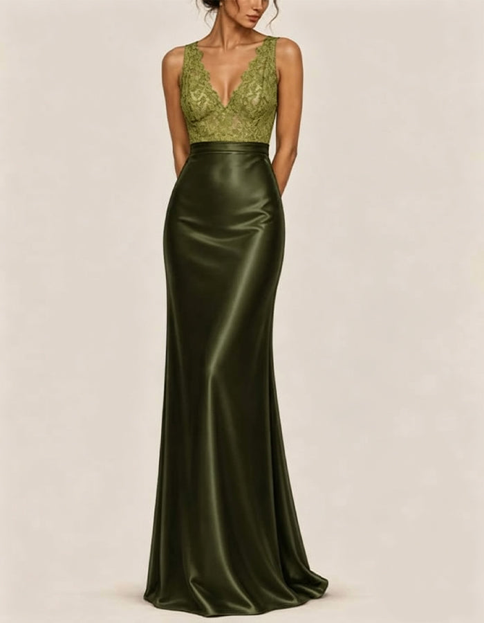 Olive Green Satin Lace V-Neck Sleeveless Maxi Dress