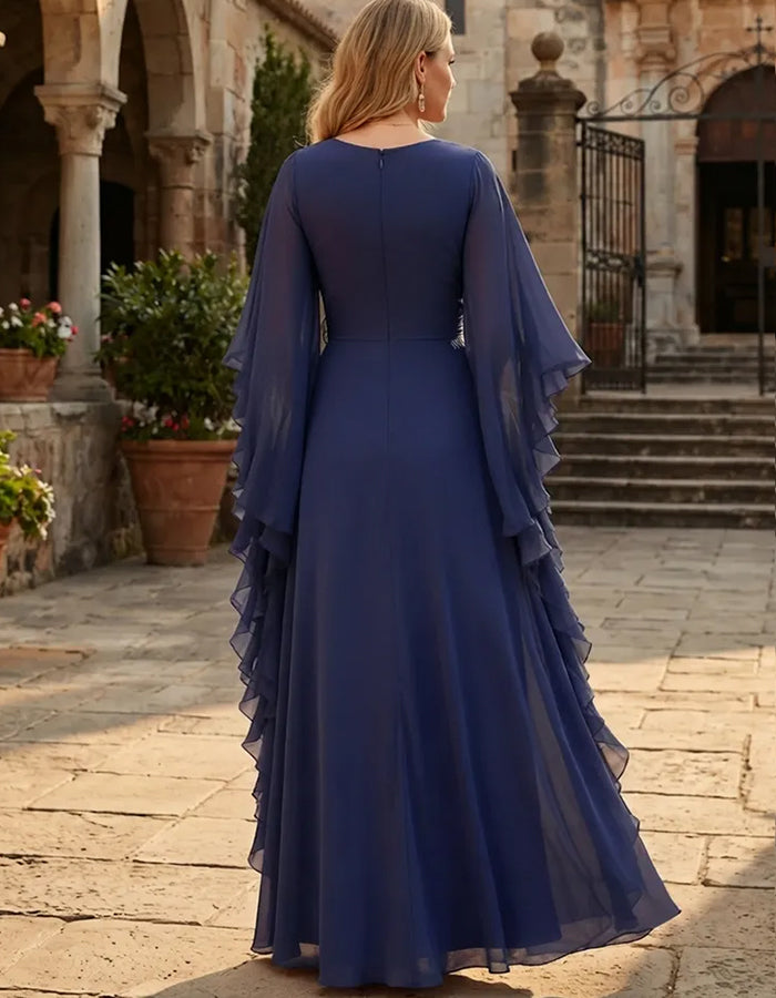 Deep V Neck Ruffled Flutter Sleeve Waist Wrap Flowy Chiffon Maxi Dress