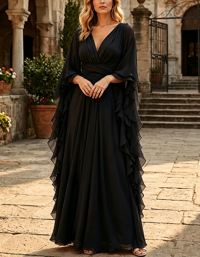Deep V Neck Ruffled Flutter Sleeve Waist Wrap Flowy Chiffon Maxi Dress