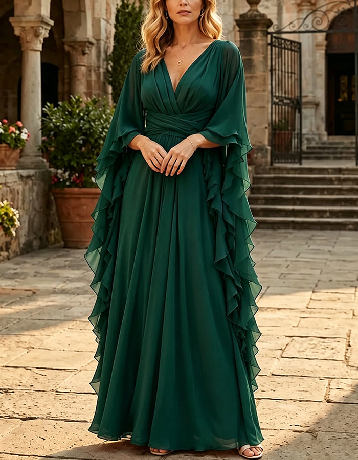 Deep V Neck Ruffled Flutter Sleeve Waist Wrap Flowy Chiffon Maxi Dress