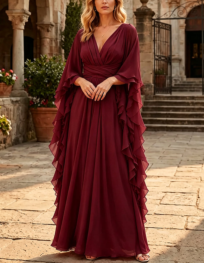 Deep V Neck Ruffled Flutter Sleeve Waist Wrap Flowy Chiffon Maxi Dress