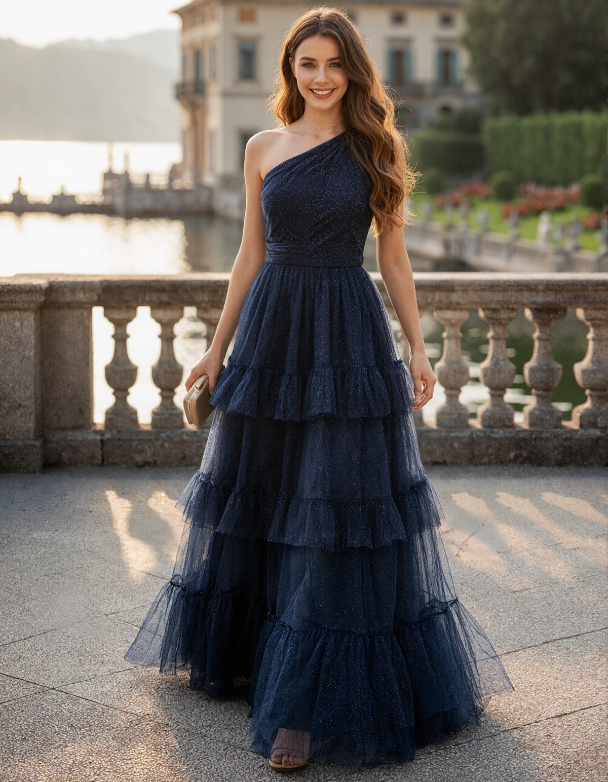 Dark Blue One Shoulder Layered Tulle Maxi Dress