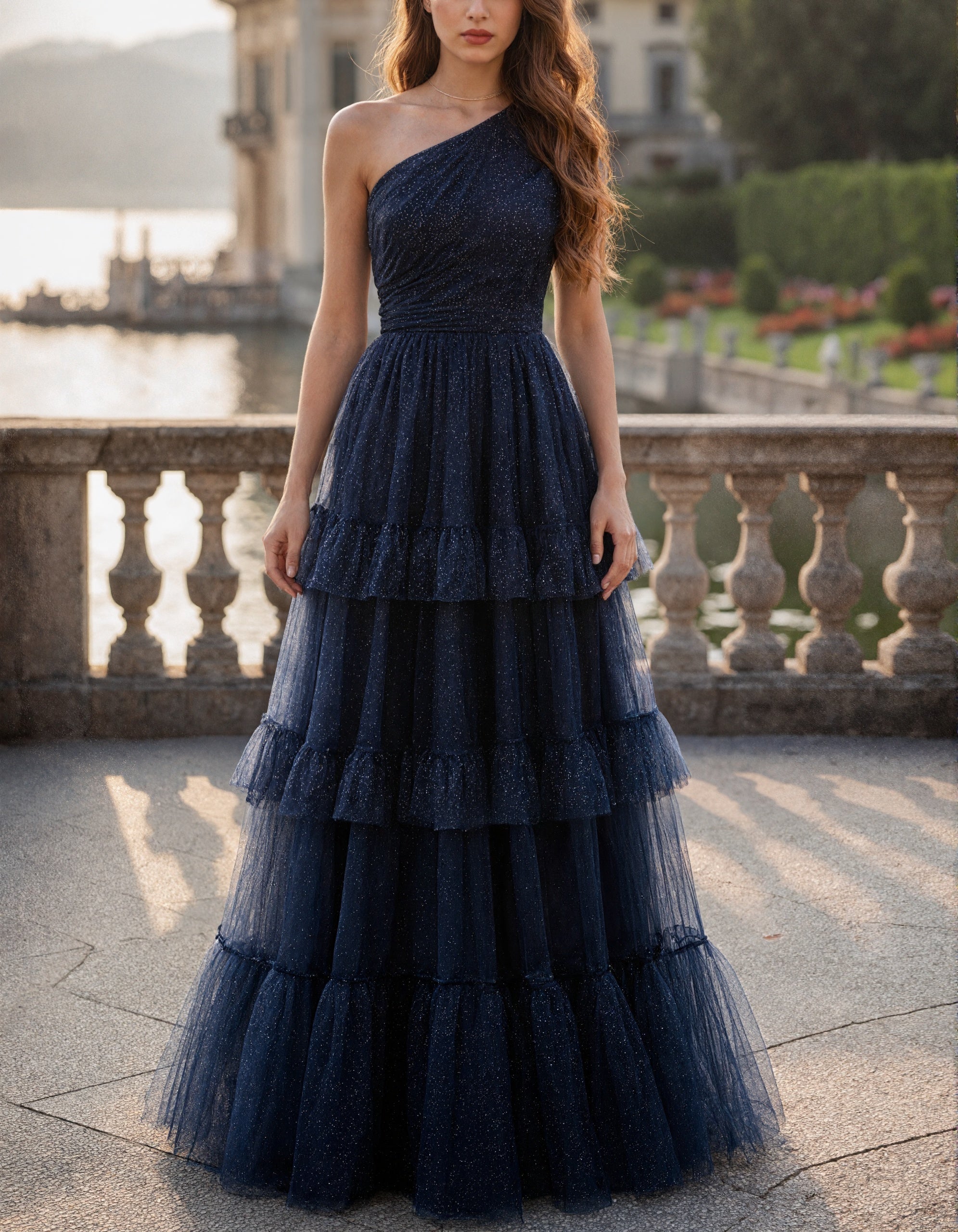 Dark Blue One Shoulder Layered Tulle Maxi Dress