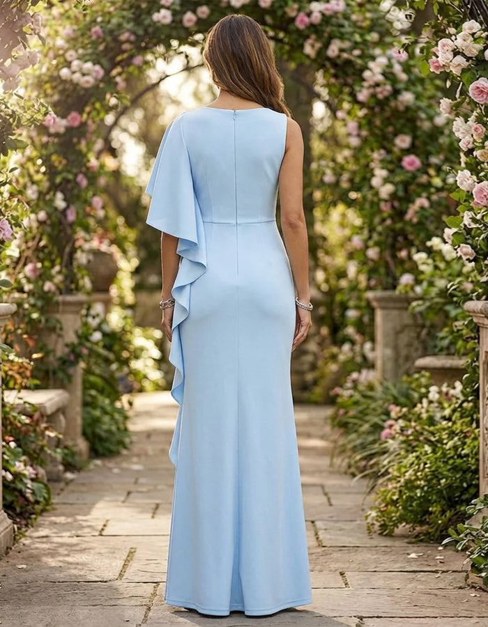 Light Blue V-Neck Asymmetrical Ruffled Slit Maxi Dress