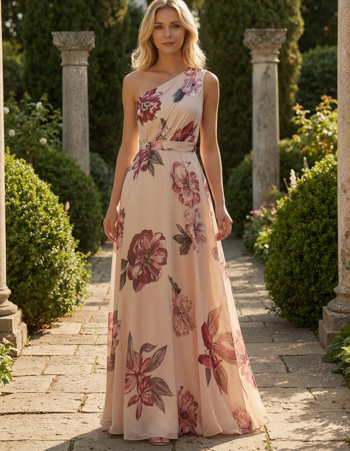 Nude One Shoulder Printed Chiffon Maxi Dress