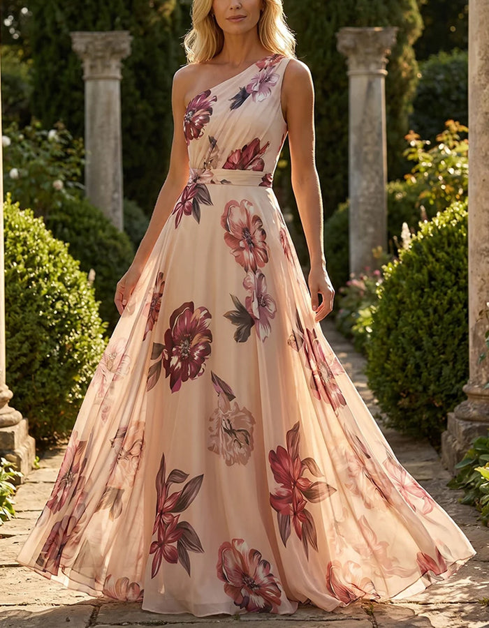 Nude One Shoulder Printed Chiffon Maxi Dress