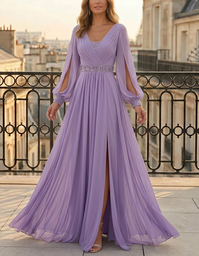 Solid Color Sequined Chiffon V-Neck With Slit Sleeves Maxi Dress