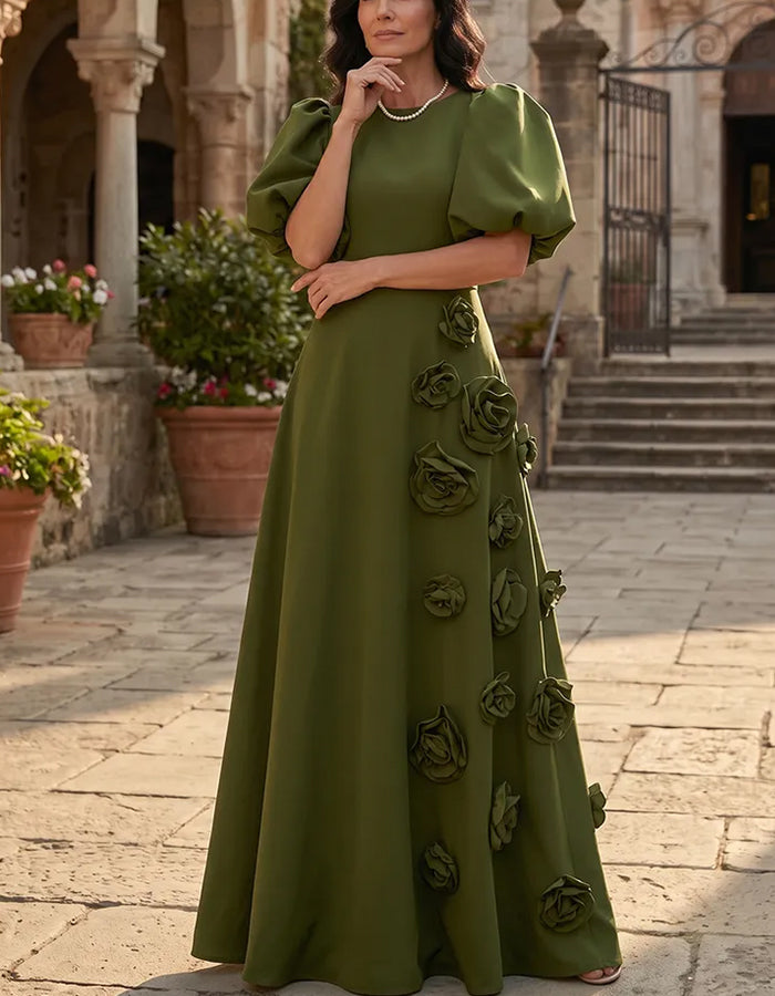 Round Neck Puff Sleeve 3D Flower A-Line Maxi Dress