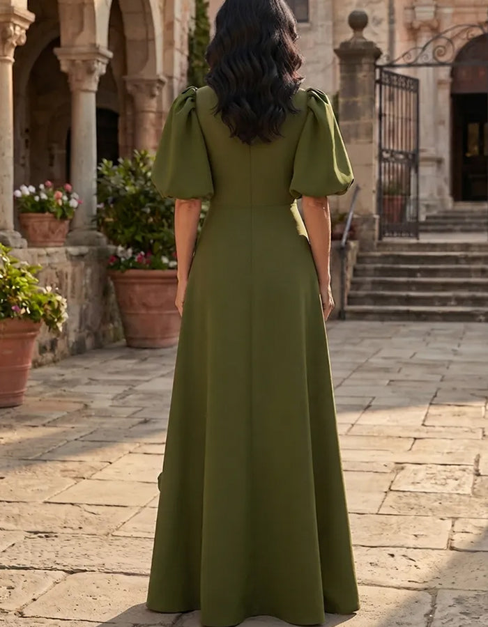Round Neck Puff Sleeve 3D Flower A-Line Maxi Dress
