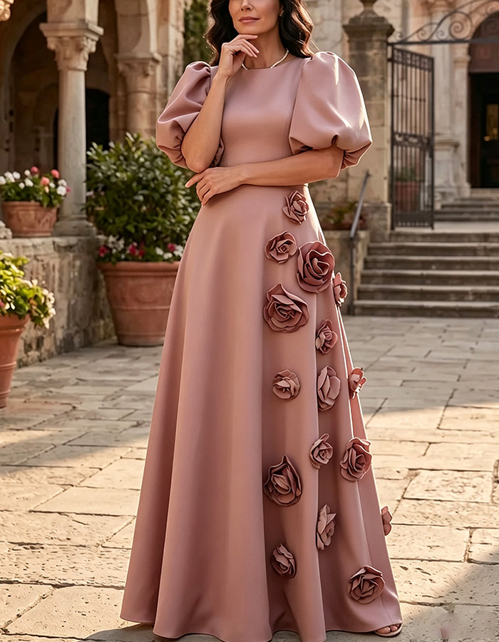 Round Neck Puff Sleeve 3D Flower A-Line Maxi Dress