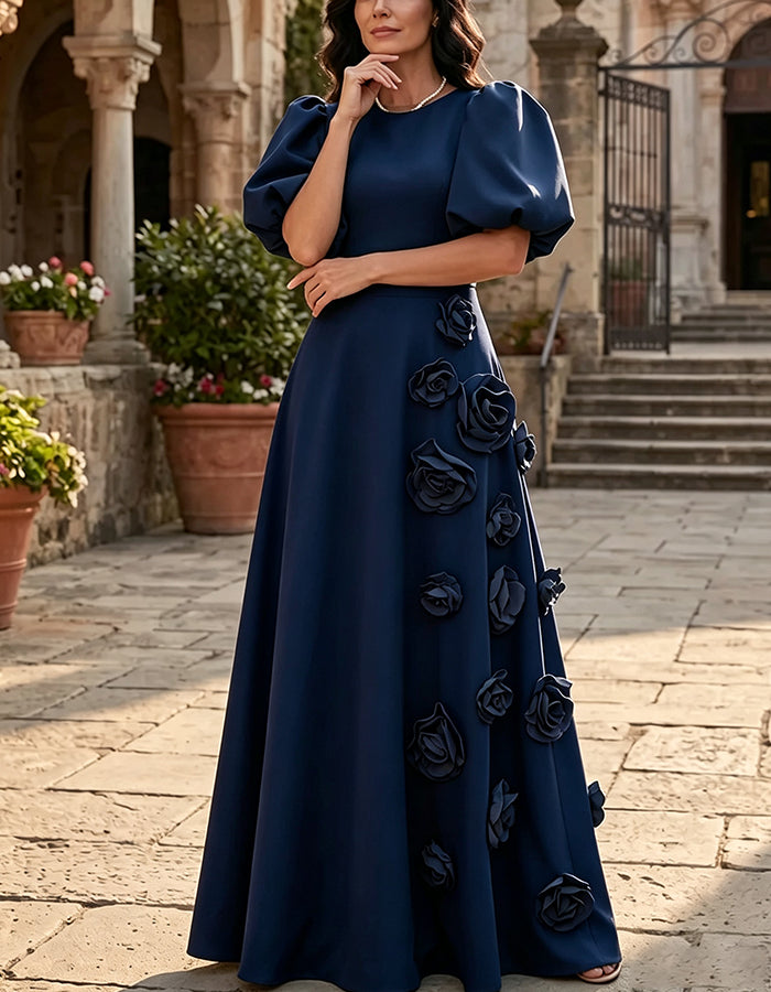 Round Neck Puff Sleeve 3D Flower A-Line Maxi Dress