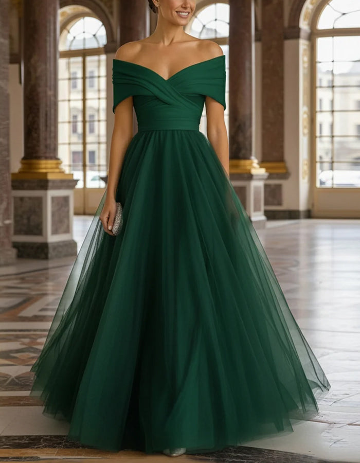 Green Off Shoulder Tulle Maxi Dress