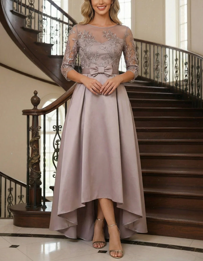 Gray Brown Lace Three Quarter Sleeve High And Low Hem Satin Maxi Dress