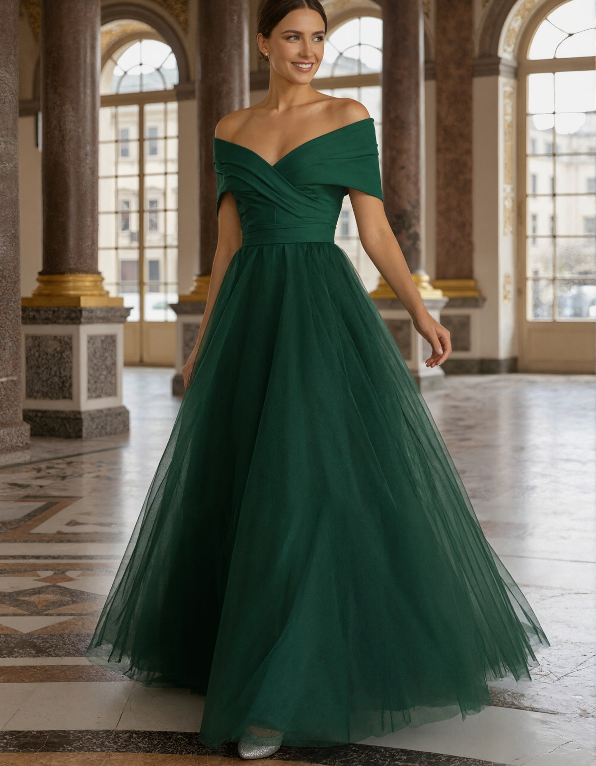 Green Off Shoulder Tulle Maxi Dress