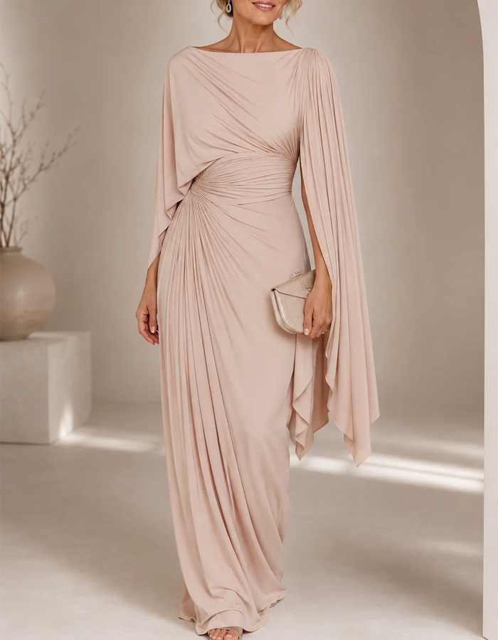 Boat-Neck Shawl-Sleeve Pleated Knit Evening Maxi Dress