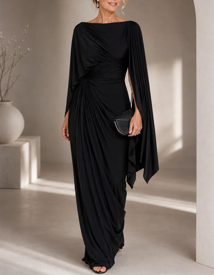 Boat-Neck Shawl-Sleeve Pleated Knit Evening Maxi Dress