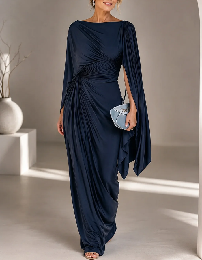 Boat-Neck Shawl-Sleeve Pleated Knit Evening Maxi Dress