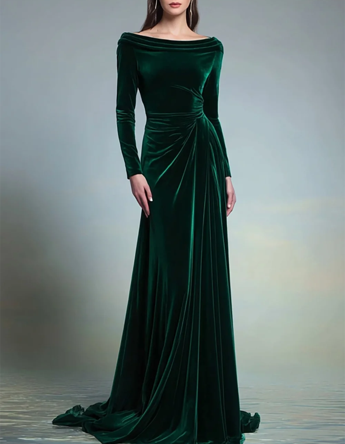 Off-the-Shoulder Long-Sleeve Pleated Velvet Evening Maxi Dress
