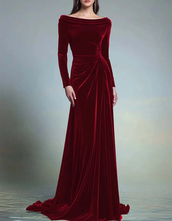 Off-the-Shoulder Long-Sleeve Pleated Velvet Evening Maxi Dress