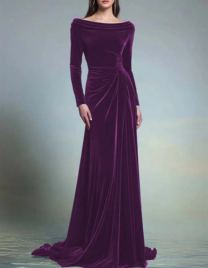 Off-the-Shoulder Long-Sleeve Pleated Velvet Evening Maxi Dress