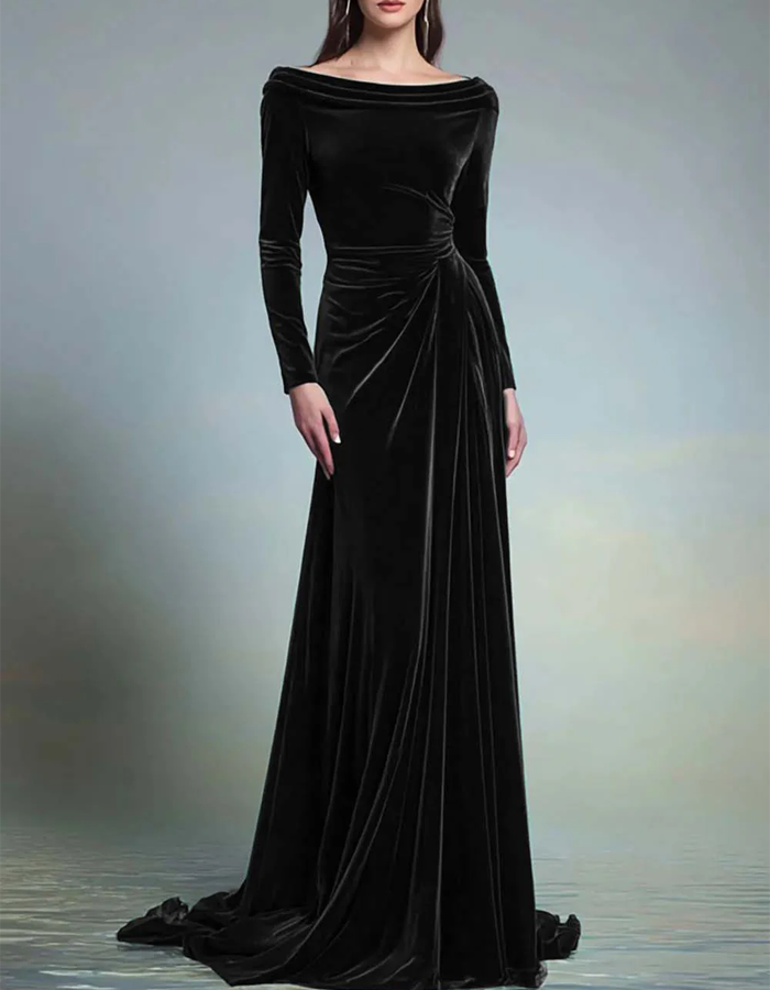 Off-the-Shoulder Long-Sleeve Pleated Velvet Evening Maxi Dress
