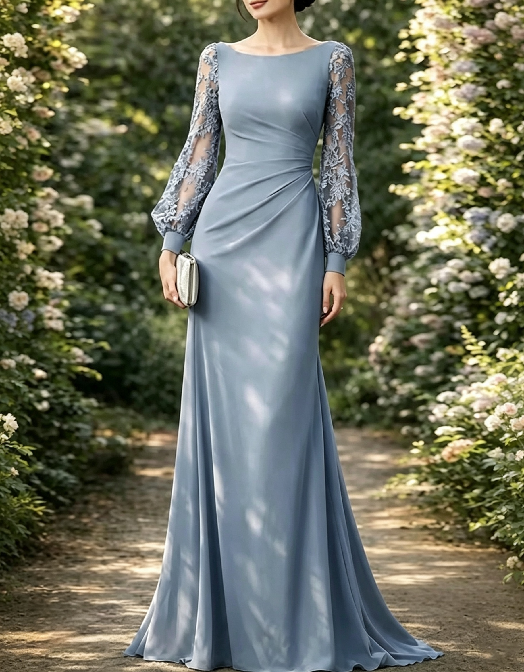 Bateau Neck Lace Bishop Sleeve Chiffon A-Line Maxi Dress